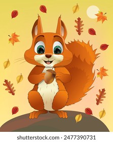 Cute smiling cartoon squirrel sitting among falling autumn leaves. squirrel holding a nut. Sunny goldish background. Vector illustration for banner, holidays or books and print products