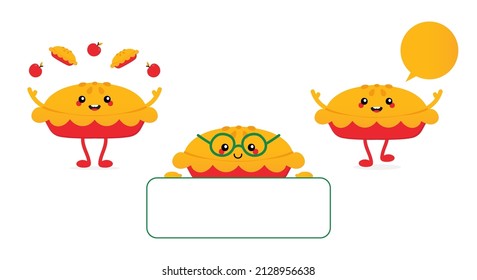 Cute smiling cartoon style apple pie character having fun, juggling with little pies and apples, talking, holding card.