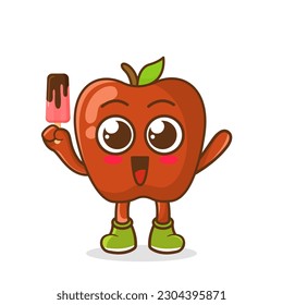 Cute smiling cartoon style apple fruit character holding in hand ice cream, popsicle.