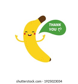 Cute and smiling cartoon style banana character saying thank you.
