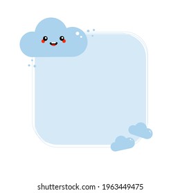 Cute and smiling cartoon style blue cloud character blank empty card, background for nature, landscape design.