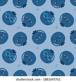 Cute smiling cartoon style blueberry characters and dots vector seamless pattern background.
