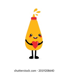 Una caricatura muy sonriente estilo botella de personaje de mostaza sosteniendo en las manos el corazón rojo. El concepto de amor y aprecio.