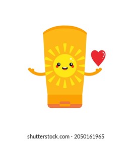 Cute smiling cartoon style bottle of sunscreen character holding in hand red heart. Love and kindness concept.
