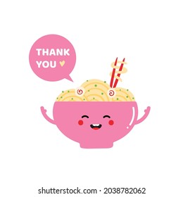 Cute smiling cartoon style bowl of noodles, asian soup character with speech bubble saying thank you, showing appreciation, gratitude.
