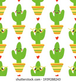 Cute smiling cartoon style cactus, succulents in pot characters and hearts vector seamless pattern background.