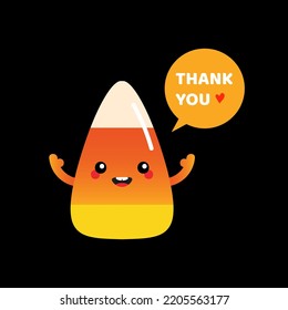 Cute and smiling cartoon style candy corn character with speech bubble saying thank you, showing appreciation.
