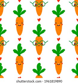 Cute smiling cartoon style carrot vegetable characters and hearts vector seamless pattern background for food and harvest design.