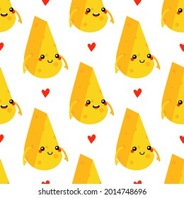 Cute smiling cartoon style cheese chunks characters and red hearts vector seamless pattern background.