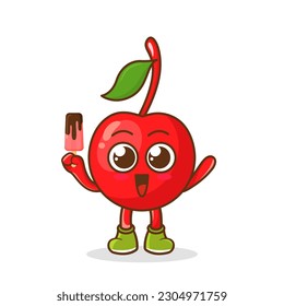 Caricatura de caricatura con un personaje de fruta de cerezo con helado de mano, palas.