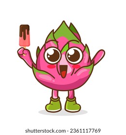 Cute smiling cartoon style dragon fruit fruit character holding in hand ice cream  popsicle 