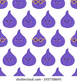 Cute and smiling cartoon style fig fruit characters vector seamless pattern background.