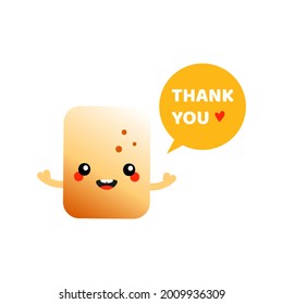 Cute smiling cartoon style golden brown toasted marshmallow character with speech bubble saying thank you, showing appreciation, gratitude.
