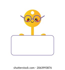 Cute smiling cartoon style golden key character in glasses holding in hands blank card, banner.

