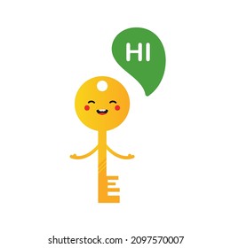 Cute smiling cartoon style golden key character with speech bubble saying hi, hello.
