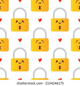 Cute and smiling cartoon style golden lock characters and red hearts vector seamless pattern background.
