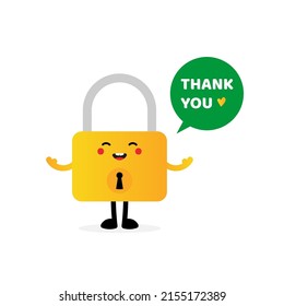 Cute smiling cartoon style golden lock character with speech bubble saying thank you, showing appreciation, gratitude.
