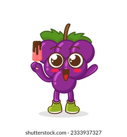 Cute smiling cartoon style grape fruit character holding in hand ice cream, popsicle.