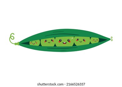 Cute smiling cartoon style green peas characters sitting in pod. Vector illustration for kids, children.