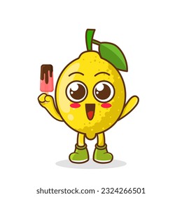 Cute smiling cartoon style lemon fruit character holding in hand ice cream, popsicle.