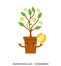 Cute and smiling cartoon style money tree character holding a coin for business, investment, money design.

