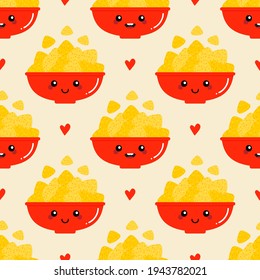 Cute smiling cartoon style nacho chips, tortilla chips in bowls with red hearts vector seamless pattern background.