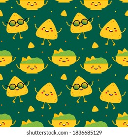 Cute and smiling cartoon style nachos and guacamole characters vector seamless pattern background for mexican food design, nachos day celebration.