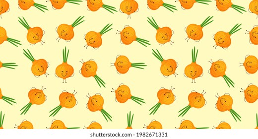 Cute smiling cartoon style onion, onion bulb vegetable characters and hearts vector seamless pattern background for food design.