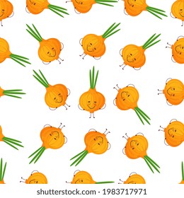 Cute smiling cartoon style onion, onion bulb vegetable characters and hearts vector pattern background for food design.