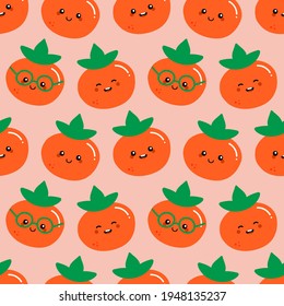 Cute and smiling cartoon style orange persimmon characters vector seamless pattern background for food design.