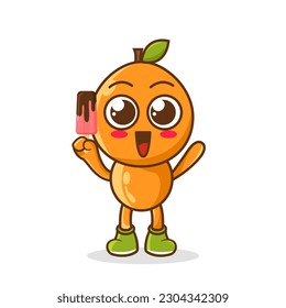Cute smiling cartoon style orange fruit character holding in hand ice cream, popsicle.