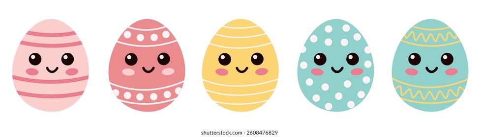 Cute smiling cartoon style painted eggs in colorful spring tones isolated on white background.