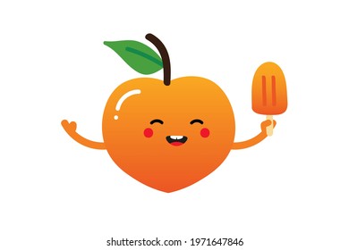 Cute smiling cartoon style peach fruit character holding in hand peach ice cream, popsicle.
