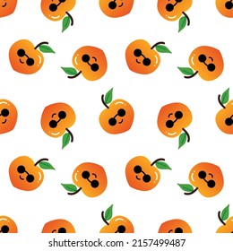 Cute smiling cartoon style peach characters in sunglasses vector seamless pattern background.
