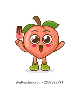 Cute smiling cartoon style peach fruit character holding in hand ice cream, popsicle.
