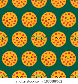 Cute and smiling cartoon style pepperoni pizza characters vector seamless pattern background.
