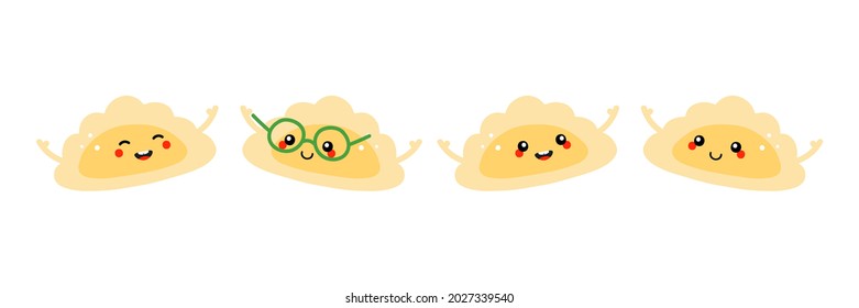 Cute and smiling cartoon style pierogi, filled dumplings characters vector icons, illustration.
