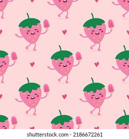 Cute smiling cartoon style pink strawberry character holding ice cream vector seamless pattern background for summer design.
 