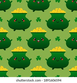 Cute and smiling cartoon style pot of gold characters and clover leaves vector seamless pattern background for St.Patrick's Day.