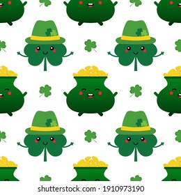 Cute and smiling cartoon style pot of gold and clover leaves characters vector seamless pattern background for St.Patrick's Day.
