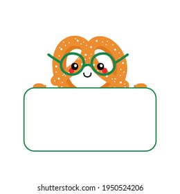Cute smiling cartoon style pretzel, knot-shaped baked pastry character in glasses holding in hands blank card, banner.