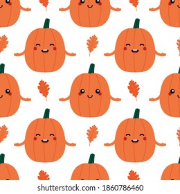 Cute smiling cartoon style pumpkin characters and oak leaves vector seamless pattern background for autumn, thanksgiving day.