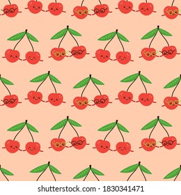 Cute smiling cartoon style red cherry characters vector seamless pattern background.

