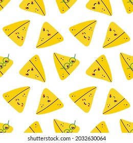 Cute smiling cartoon style samosa characters, indian baked savory pastry vector seamless pattern background.