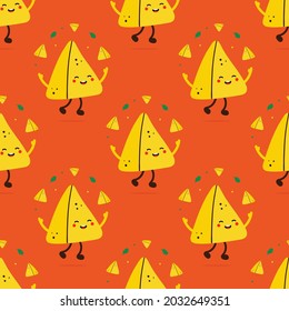 Cute smiling cartoon style samosa character juggling little pastry and greenery vector seamless pattern background.
