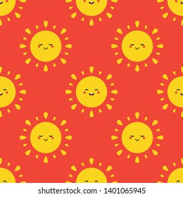 Cute smiling cartoon style sun characters vector seamless pattern background for summer, vacation design.