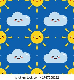 Cute smiling cartoon style sun and cloud characters vector seamless pattern background for weather, seasonal design.