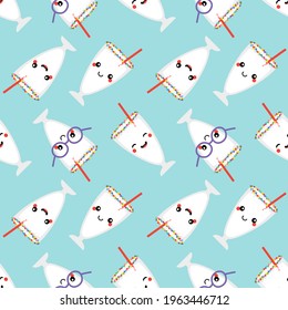 Cute smiling cartoon style vanilla milkshake glasses characters  vector seamless pattern background for food and drink design.