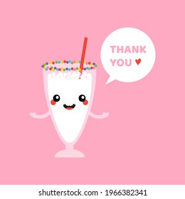 Cute smiling cartoon style vanilla milkshake glass character with speech bubble saying thank you, showing appreciation.


