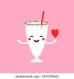 Cute smiling cartoon style vanilla milkshake glass character holding the red heart in hand, symbol of love and appreciation.
